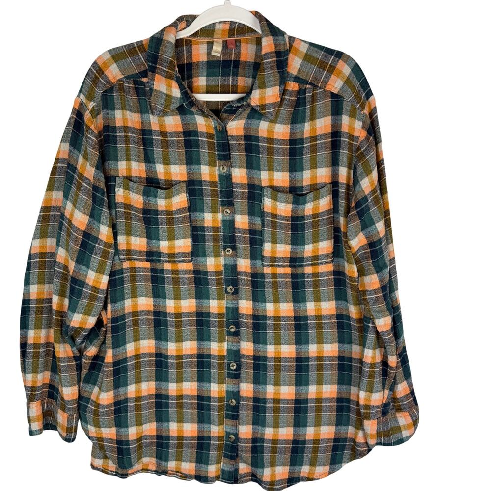 Anthropologie Pilcro Plaid‎ Button Down Tunic Flannel Shirt Womens Size L Orange